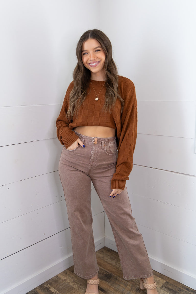 Checkered Crop Sweater - Brown