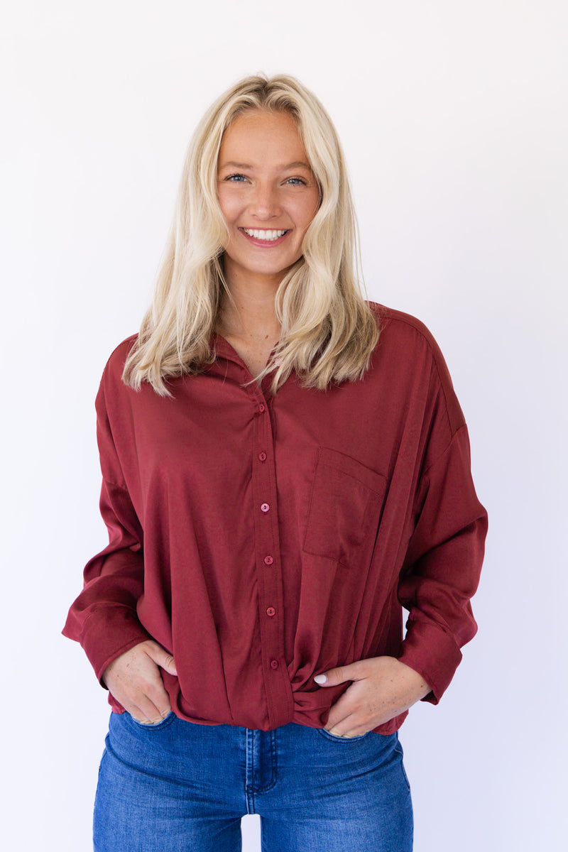 Twisted Button Front Blouse - Muted Red