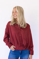 Twisted Button Front Blouse - Muted Red