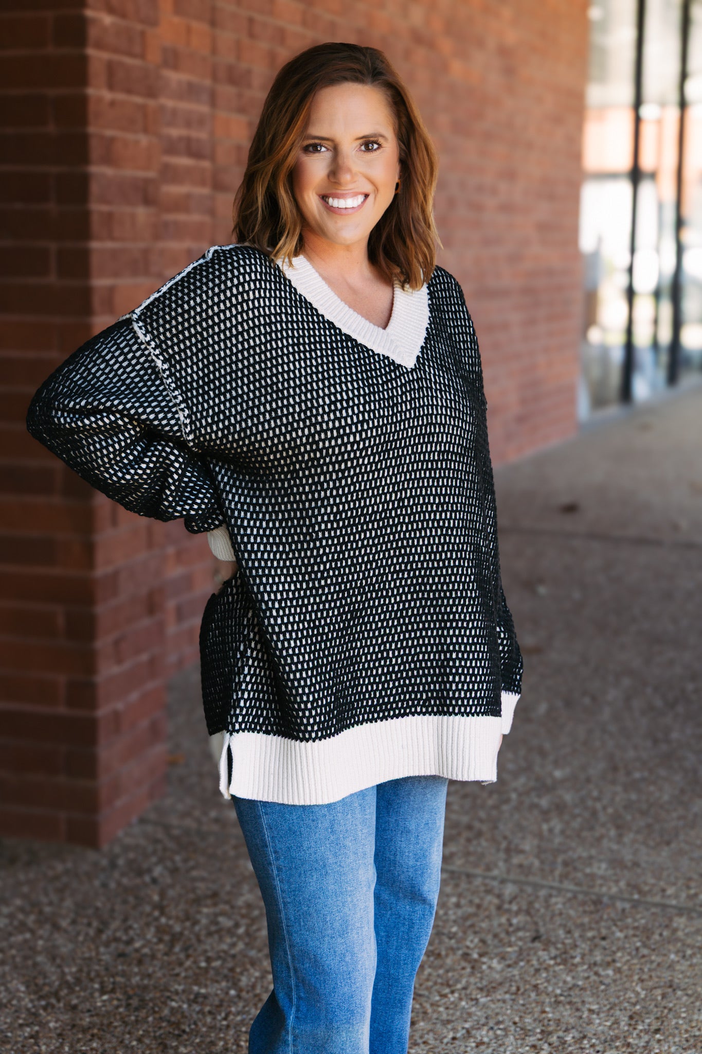 Honeycomb Knit Sweater - Black/Ivory