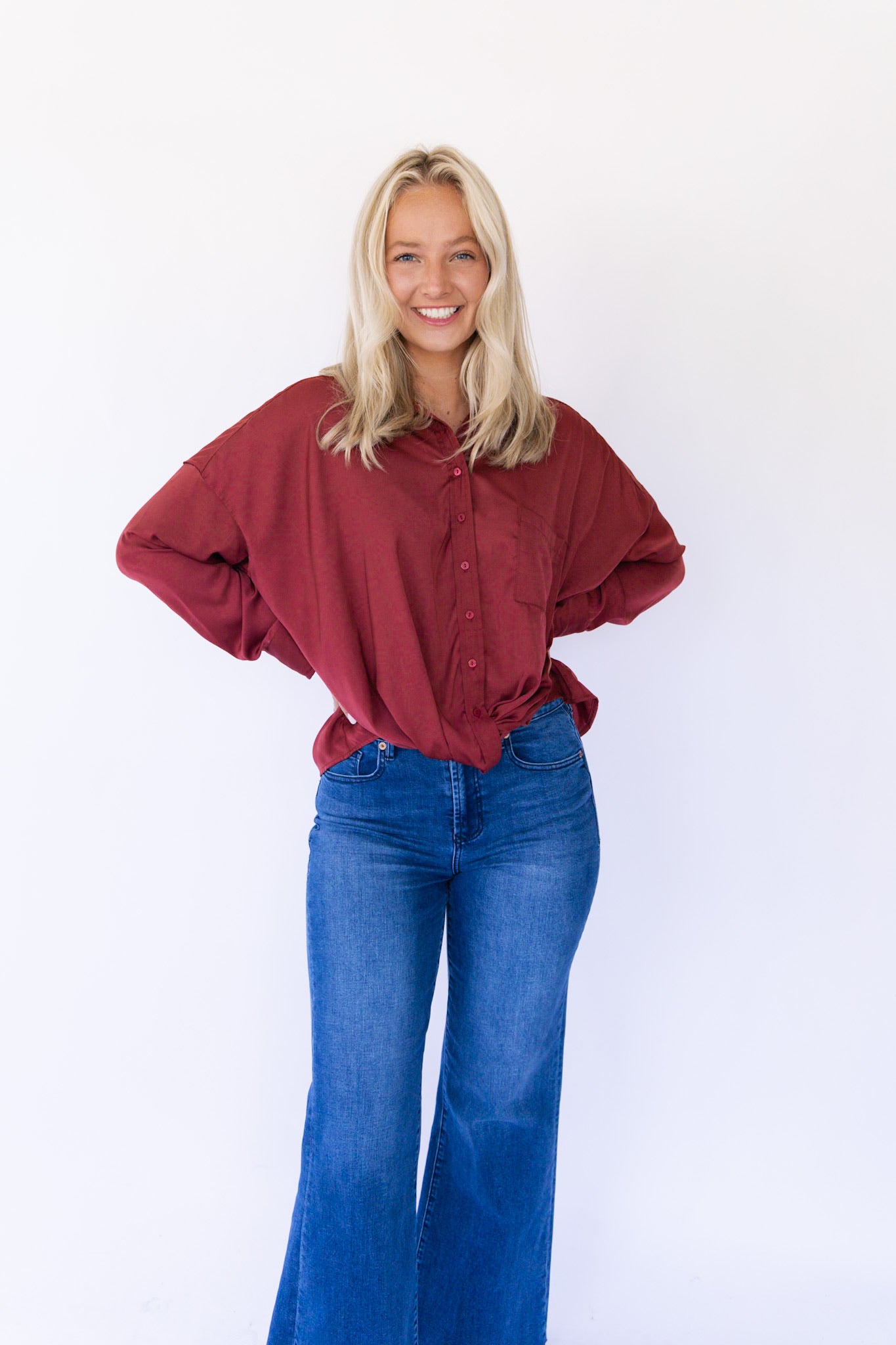 Twisted Button Front Blouse - Muted Red