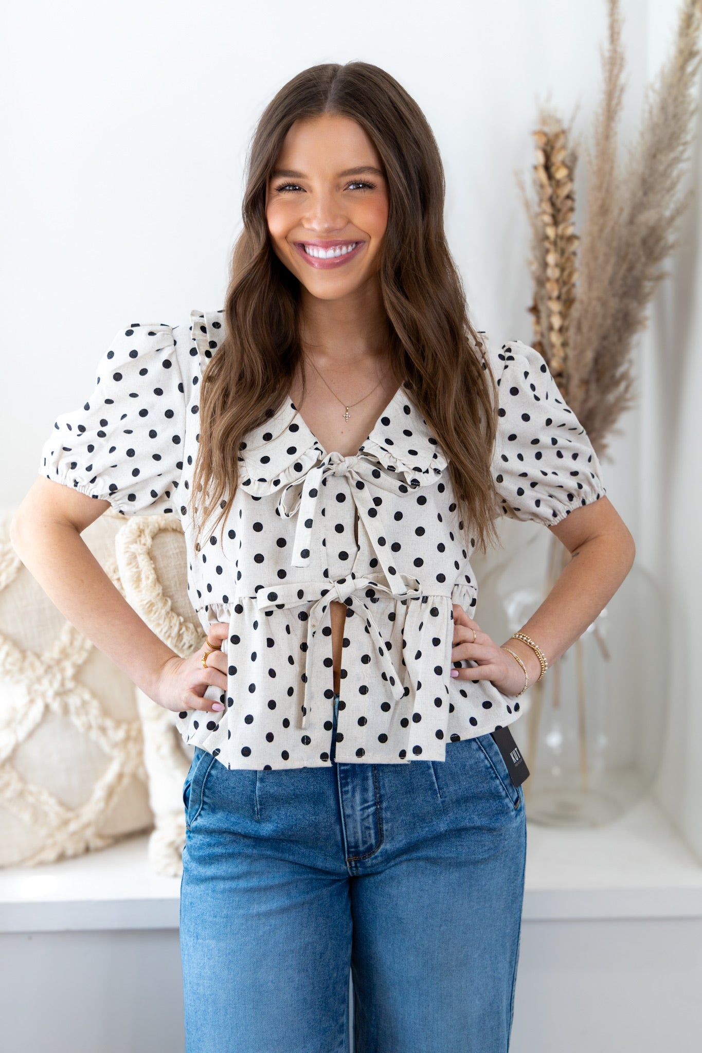 Linen Polka Dot Tie Front Blouse