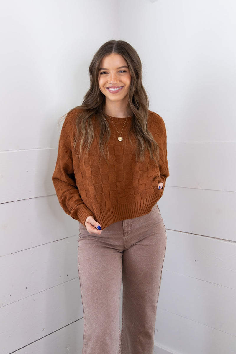 Checkered Crop Sweater - Brown