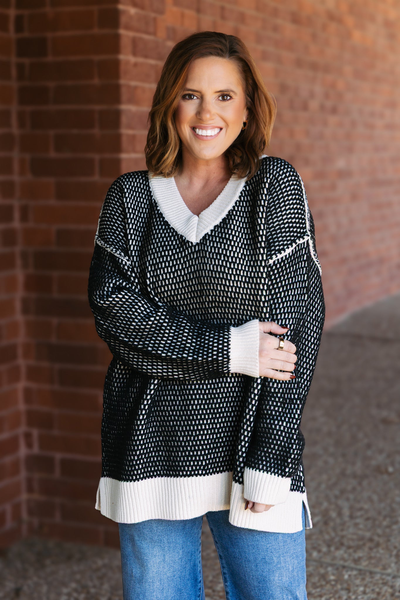 Honeycomb Knit Sweater - Black/Ivory