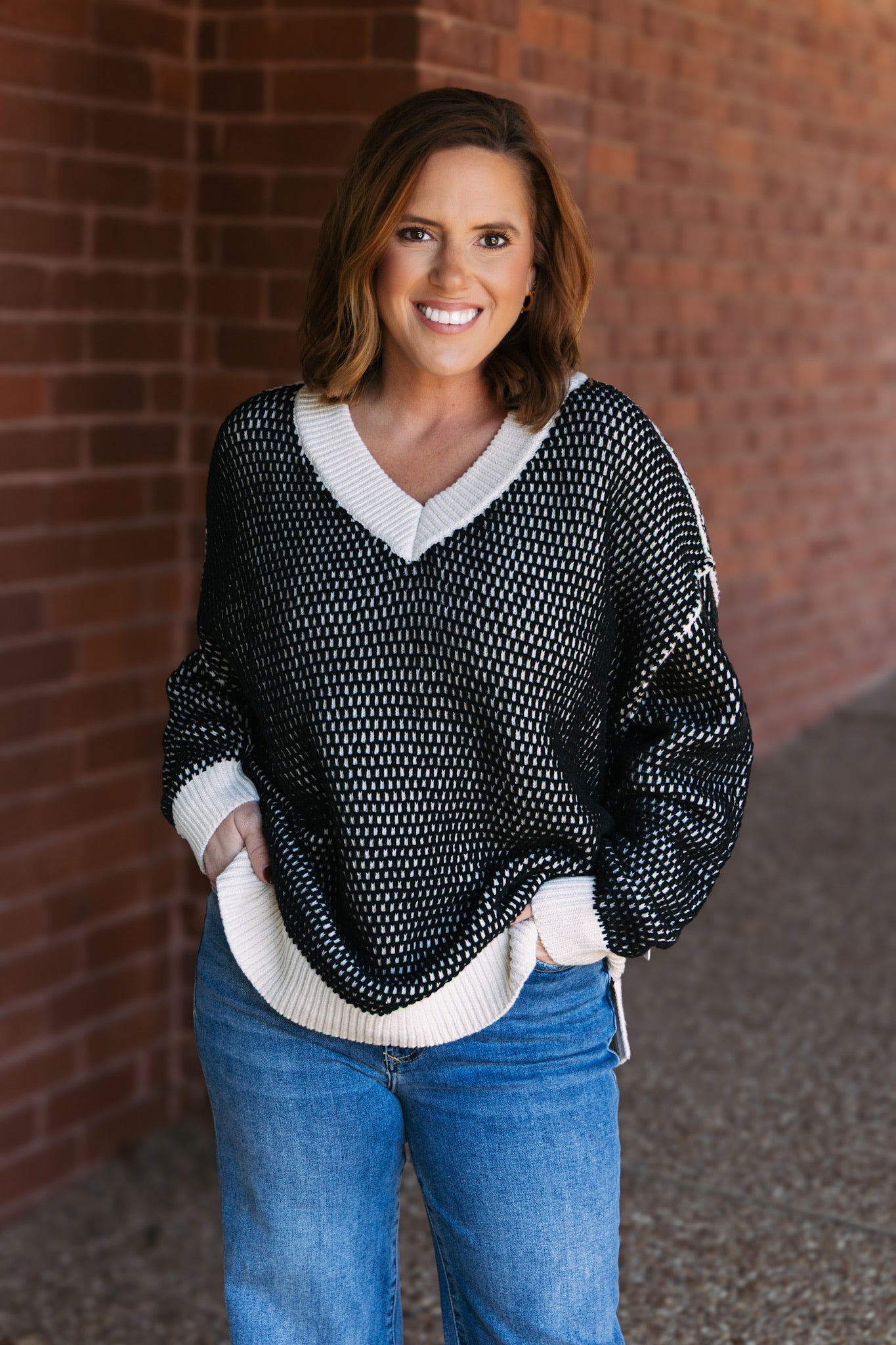 Honeycomb Knit Sweater - Black/Ivory