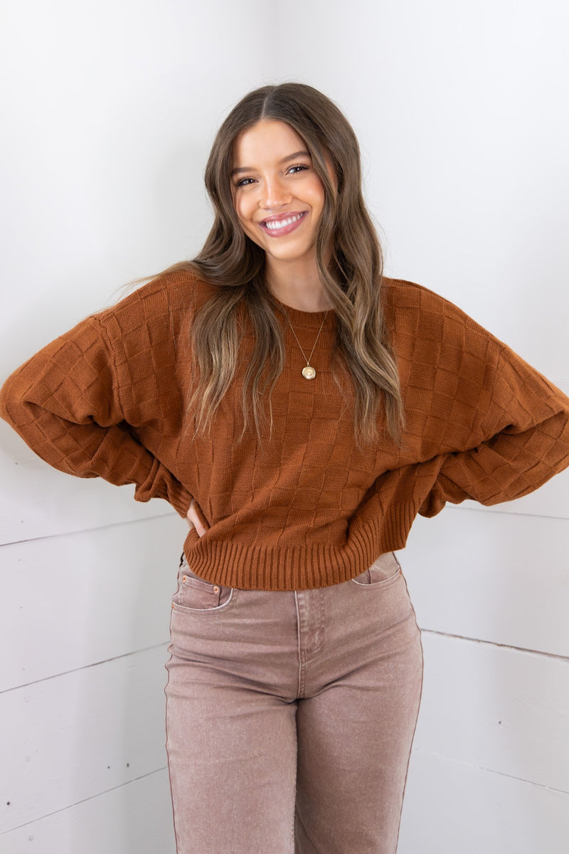 Checkered Crop Sweater - Brown