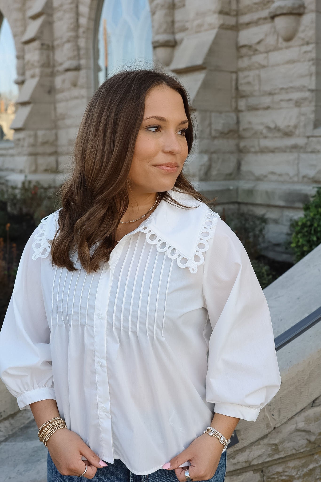 White Pin Tuck Collar Blouse