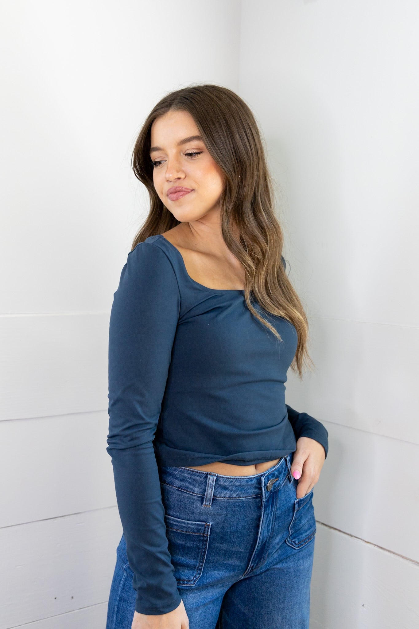 Lottie Long Sleeve Fitted Top - Navy