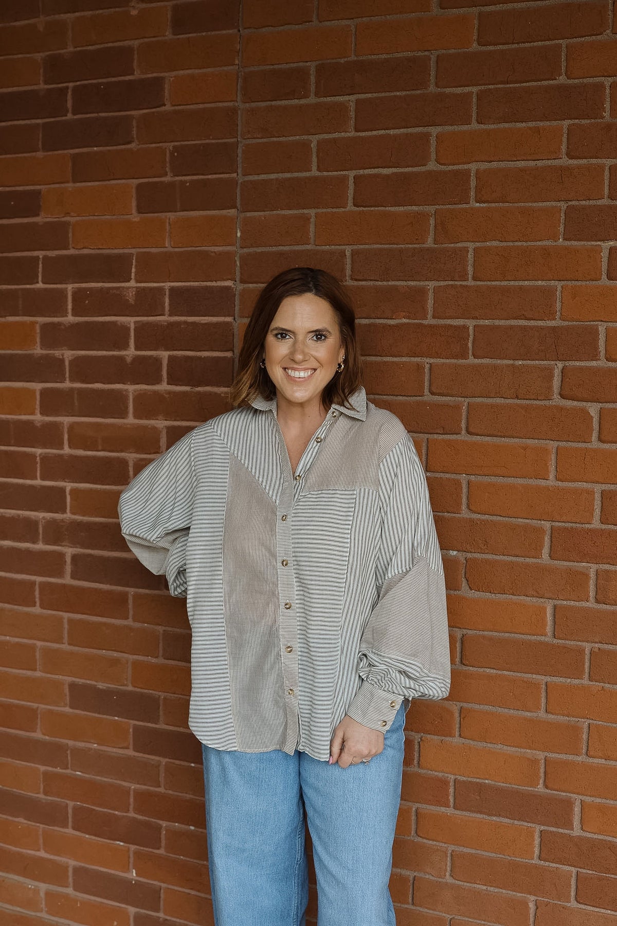Mixed Stripes Button Front Top - Brown
