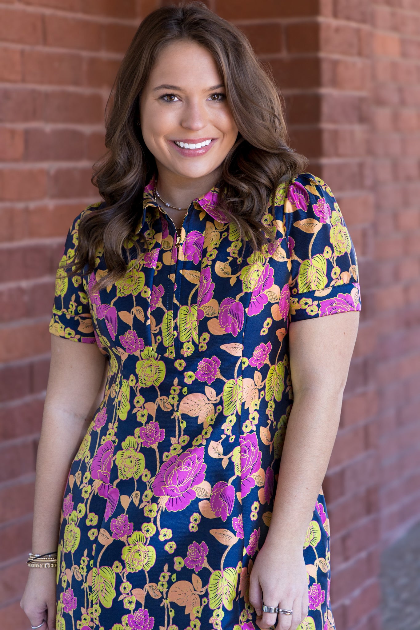 Vibrant Vines Front Zip Fitted Dress