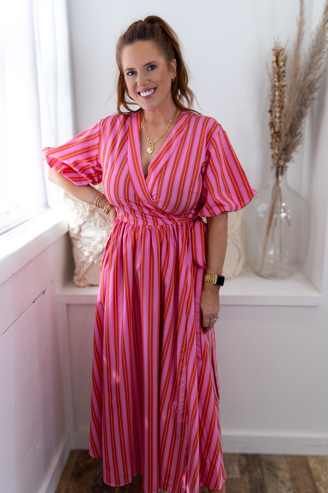 Edmonise Stripe Maxi Wrap Dress - Rose