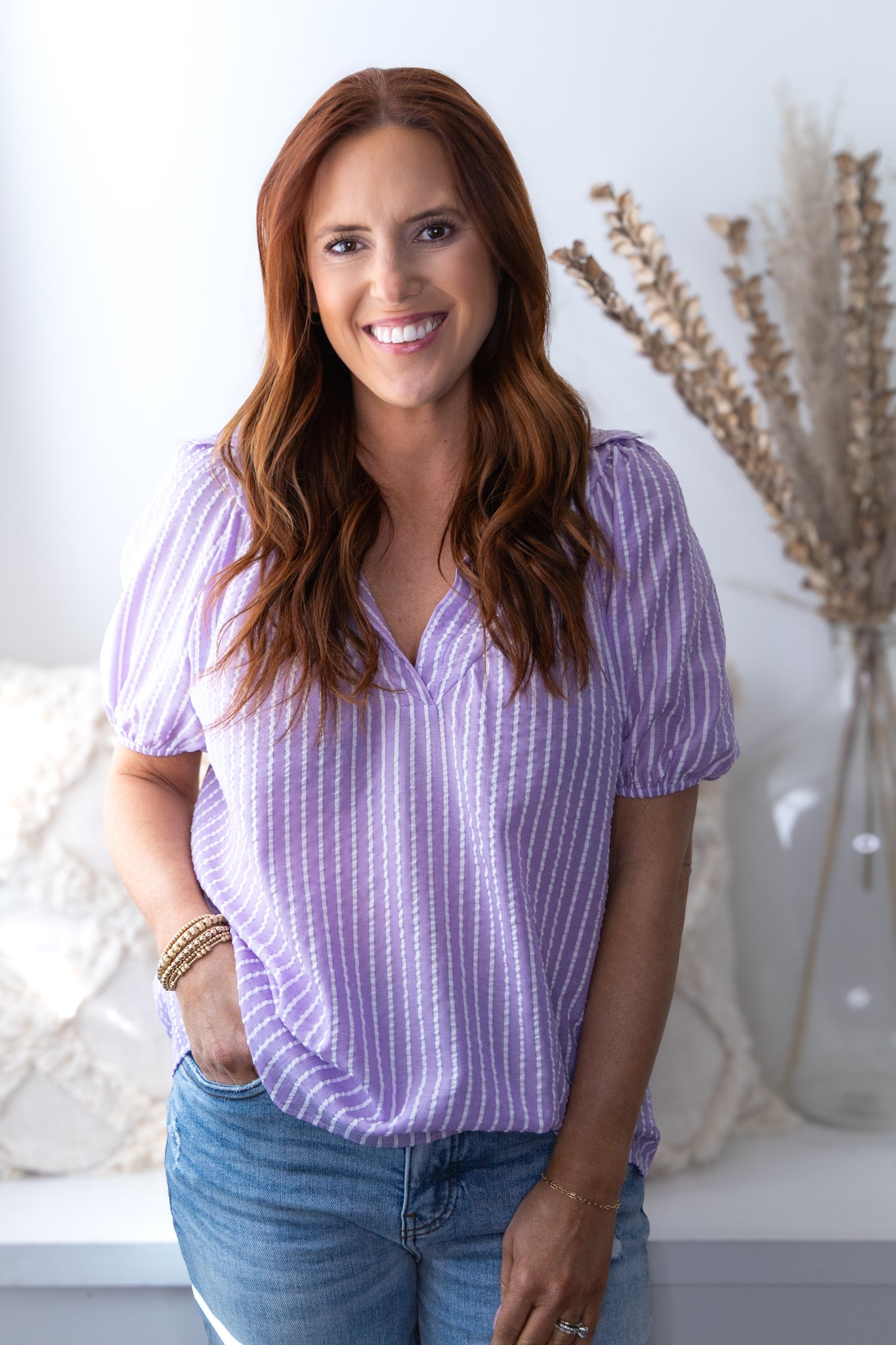 Camille V-Neck Top - Lavender Seersucker