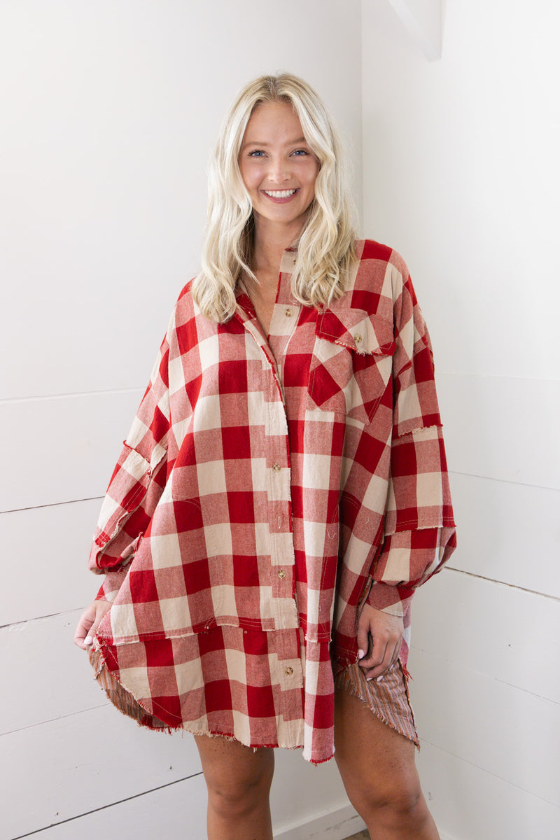 Mindy Mixed Plaid Dress - Boho Red