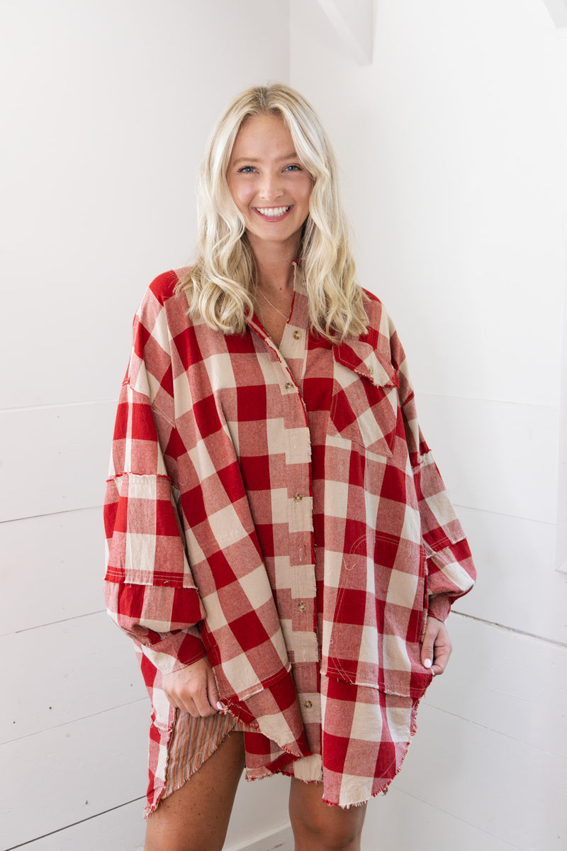 Mindy Mixed Plaid Dress - Boho Red