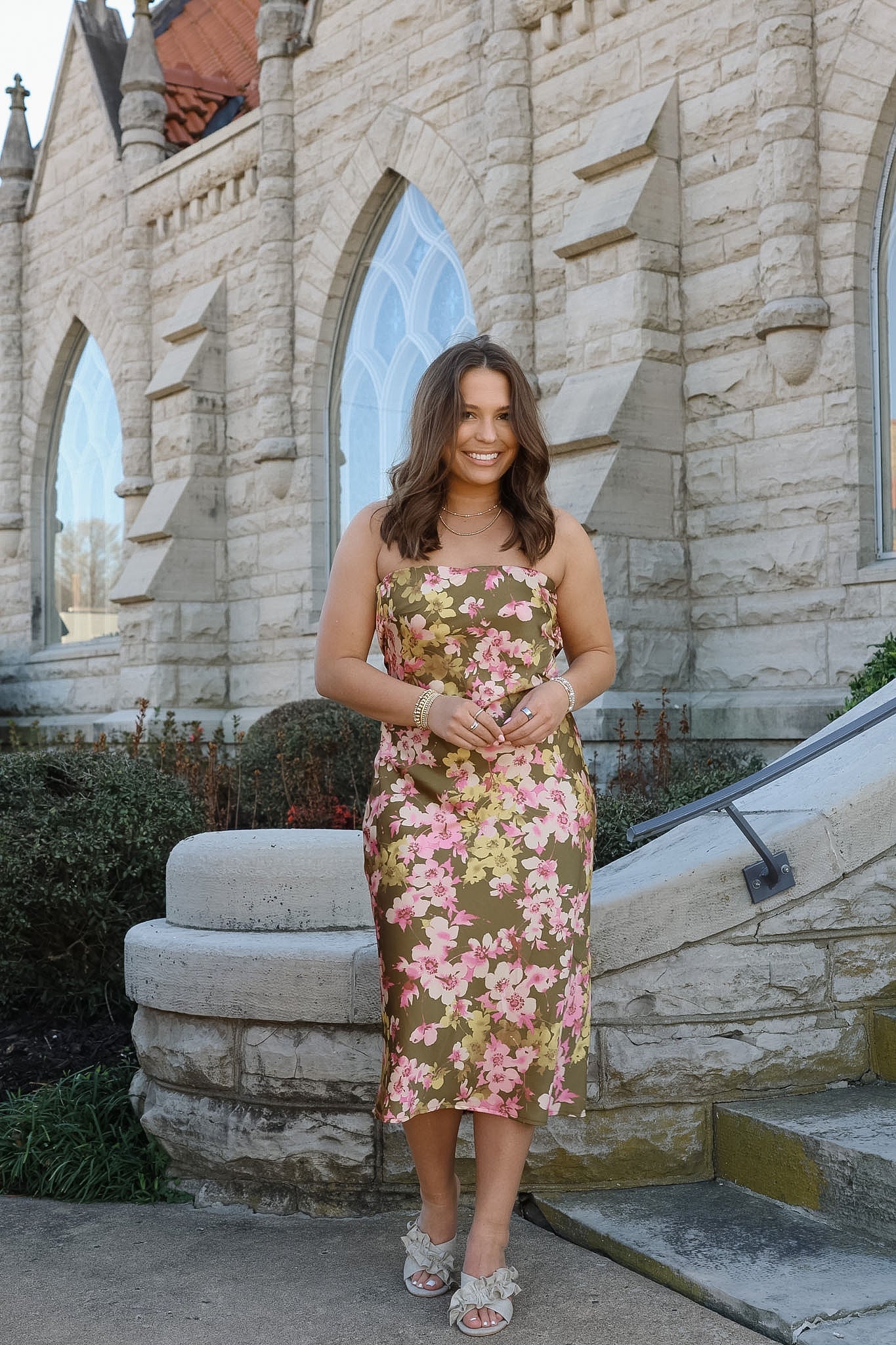 Satin Strapless Floral Midi Dress