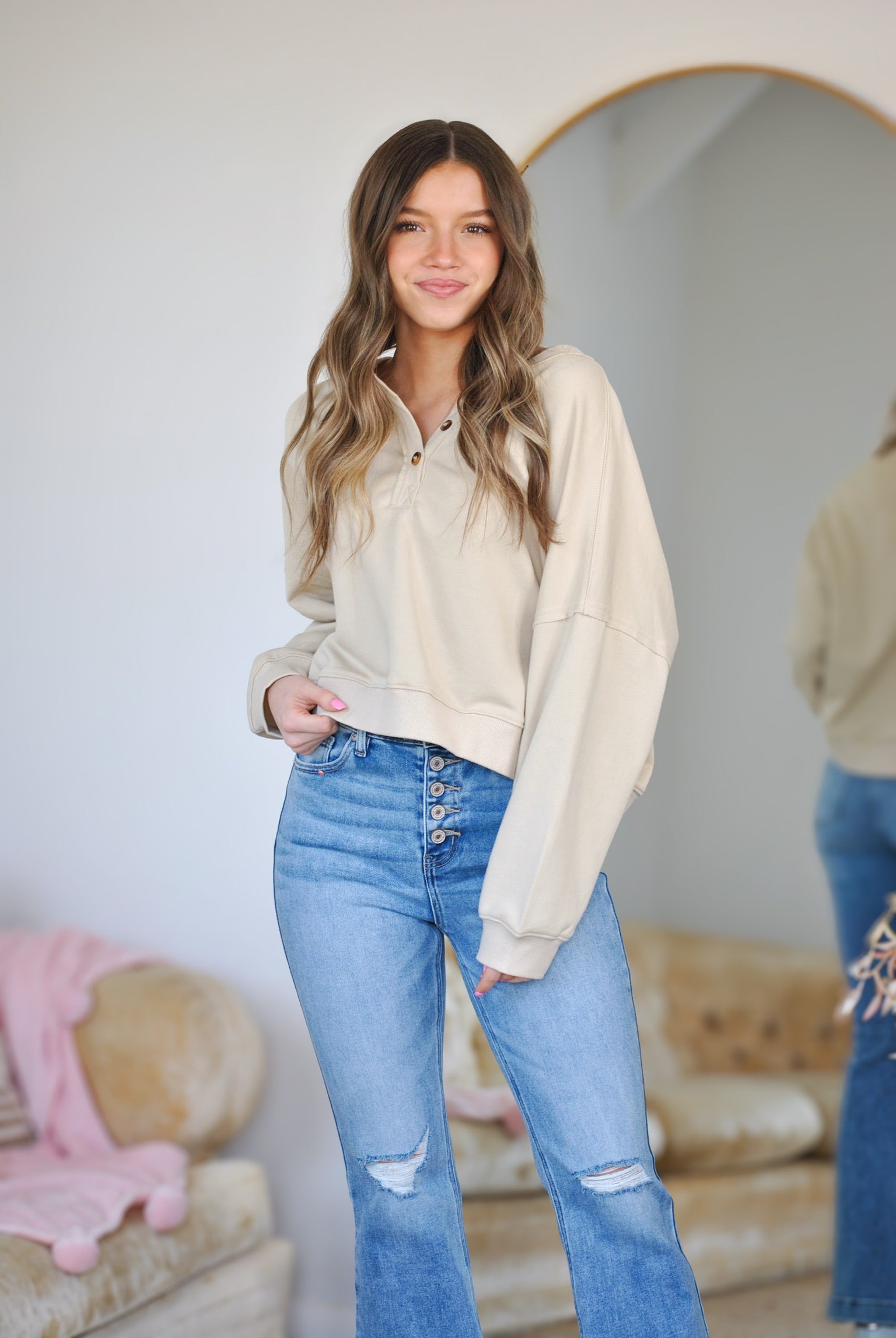 Henley Dolman Sleeve Pullover - Natural