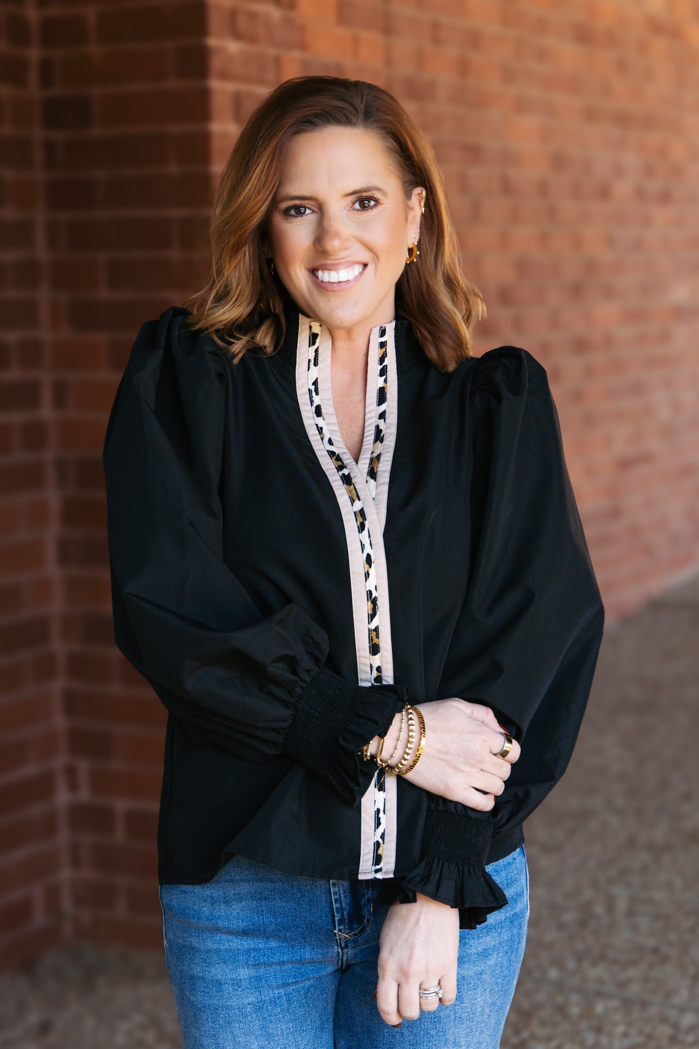 Leopard Trim Top - Black