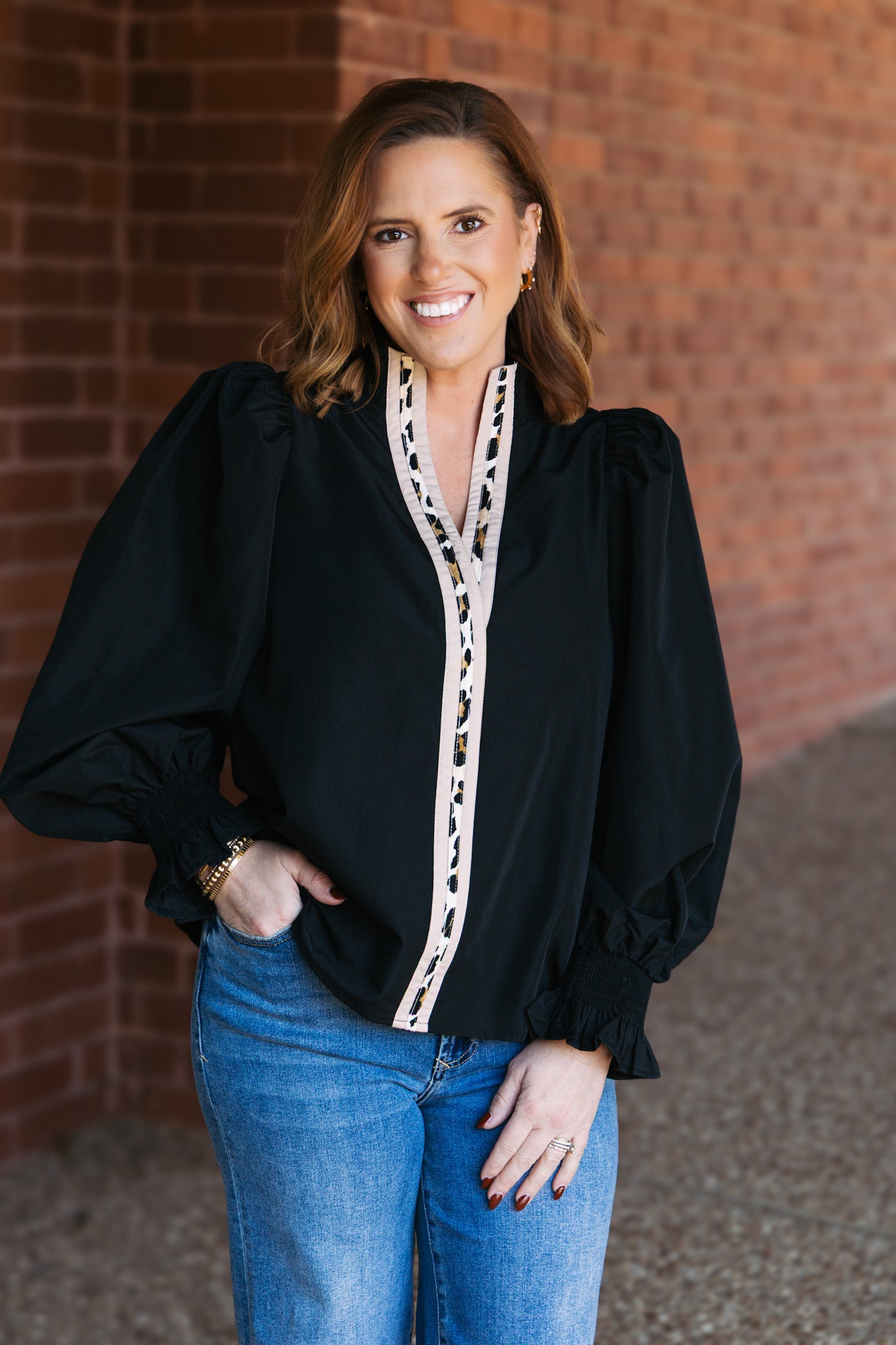 Leopard Trim Top - Black