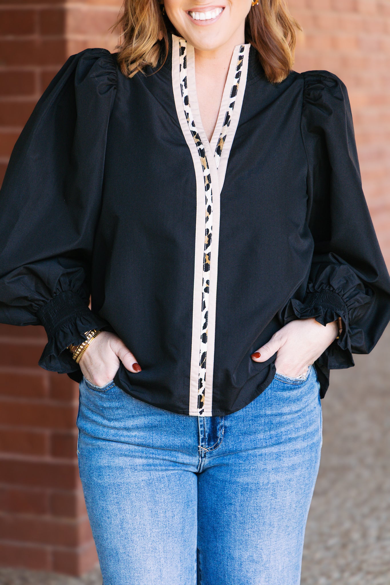 Leopard Trim Top - Black