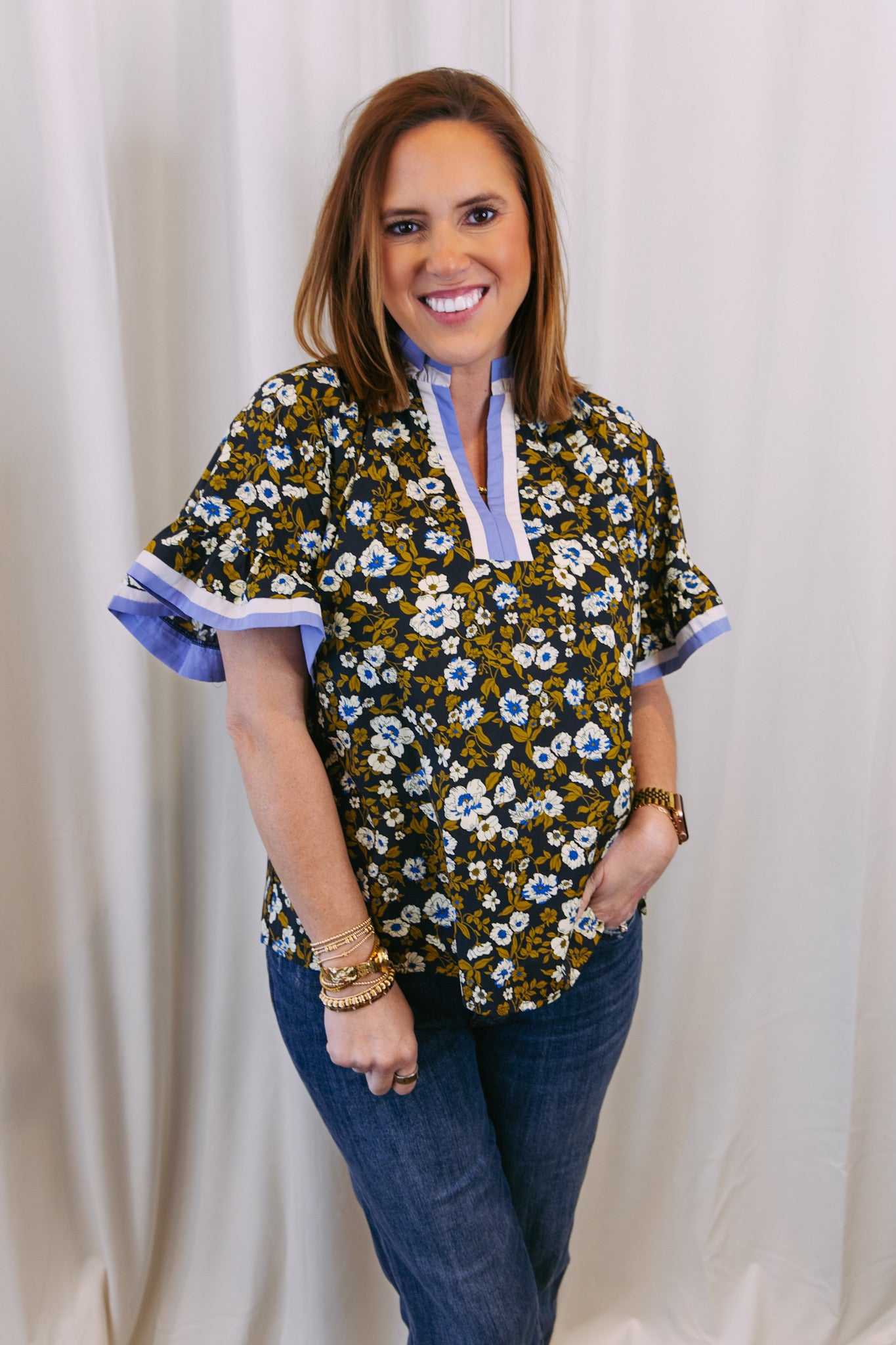 Fall Floral Ruffle Sleeve Top