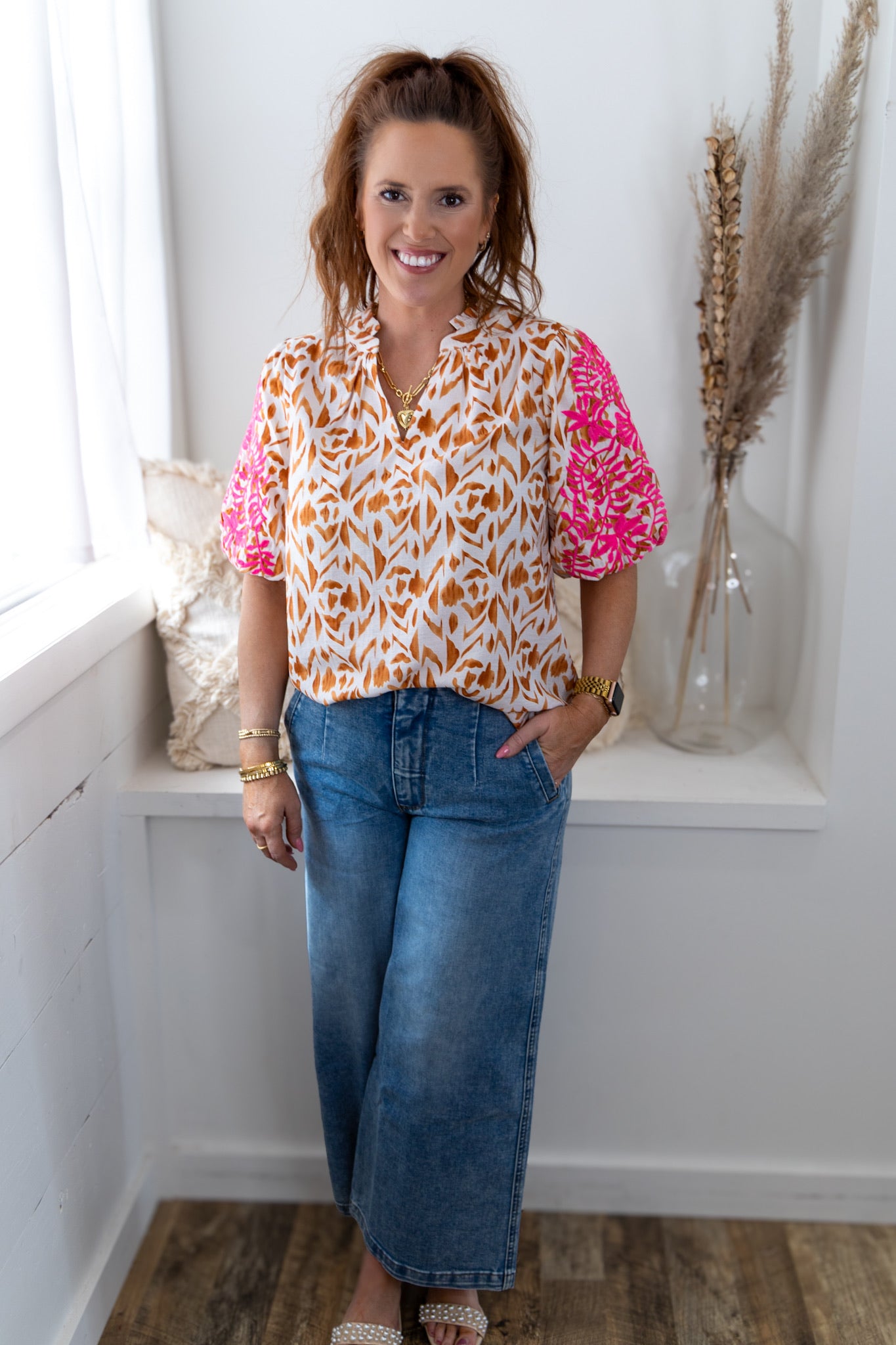 Francie Floral Embroidered Top - Taupe