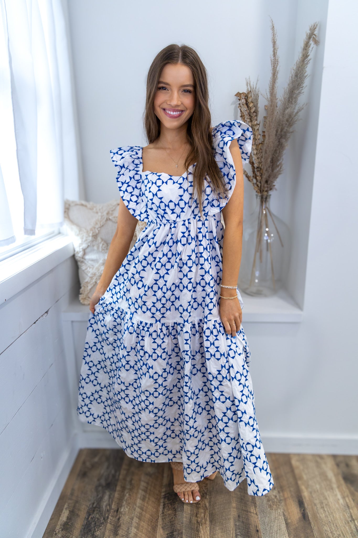 Geometric Stitched Maxi Dress - Blue