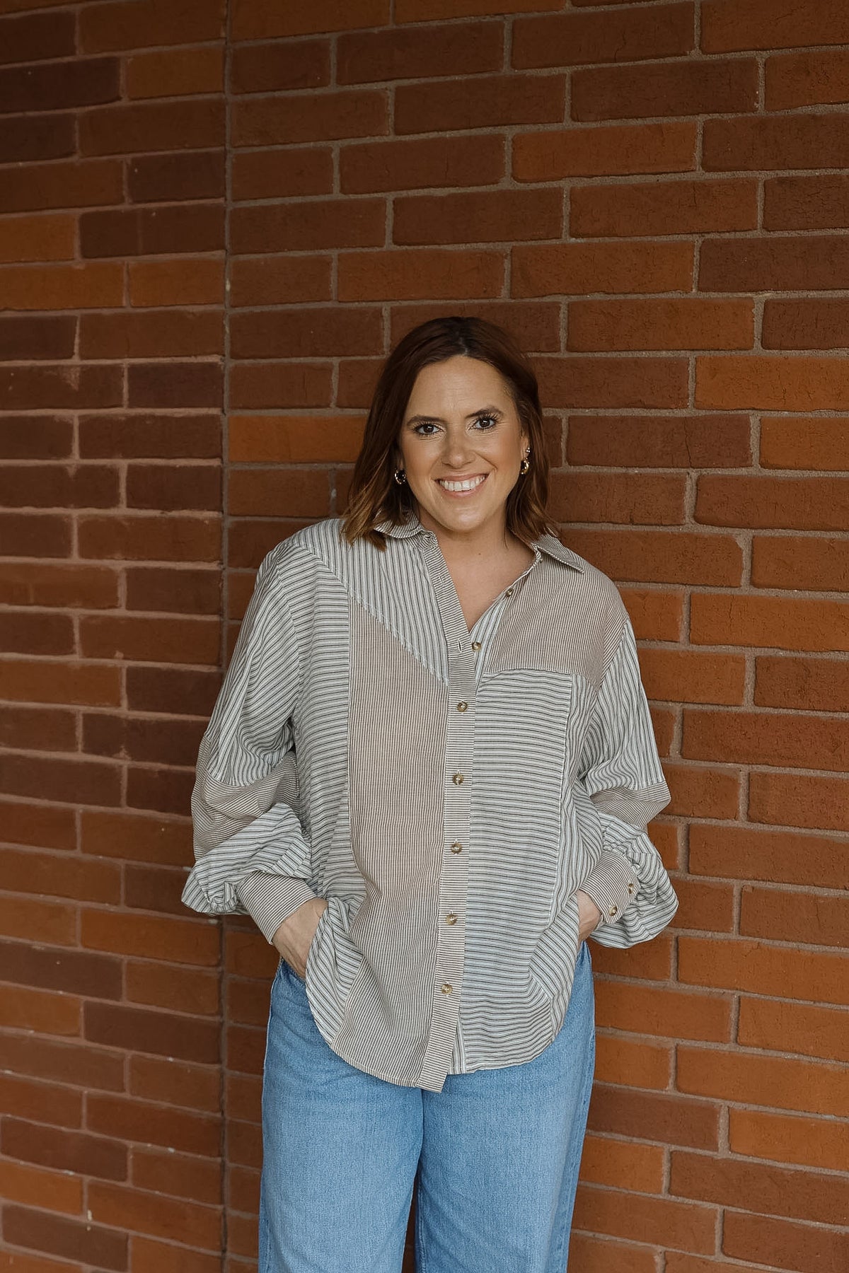 Mixed Stripes Button Front Top - Brown