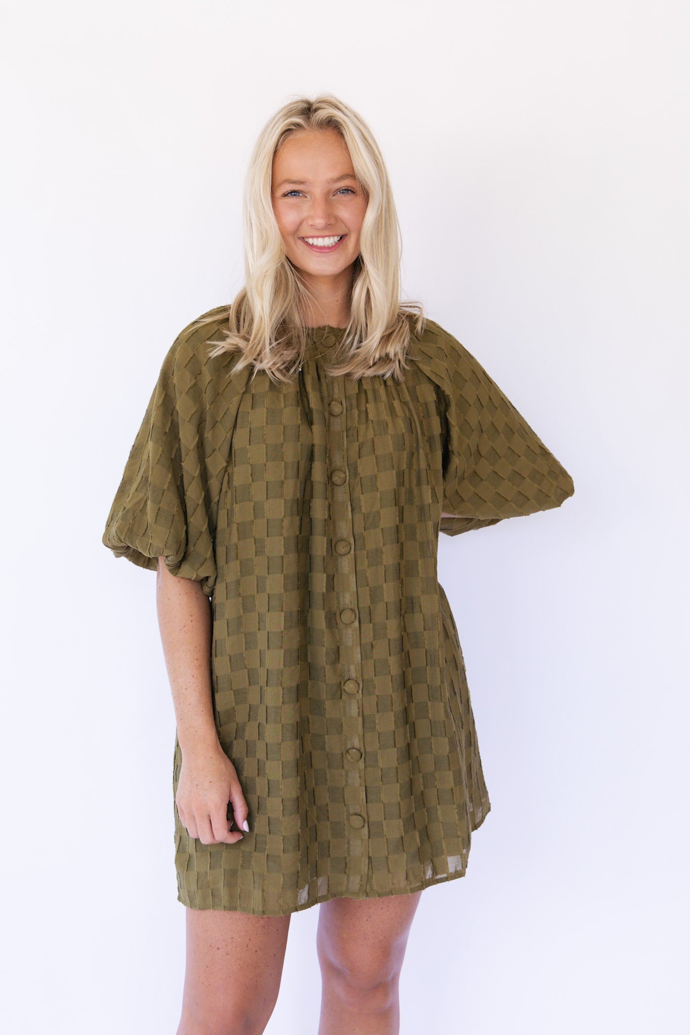 Olive Textured Button Front Dress