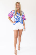 Bella Embroidered Floral Print Top- Blue