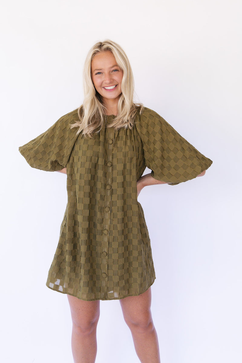 Olive Textured Button Front Dress