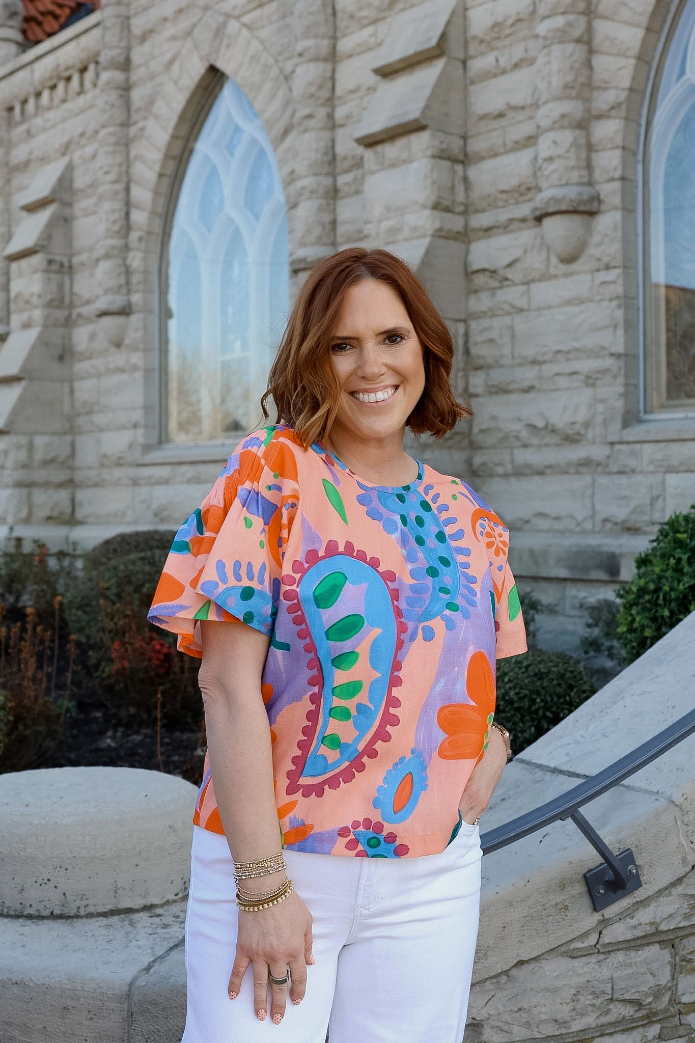 Happy Hibiscus Shoulder Pleated Top