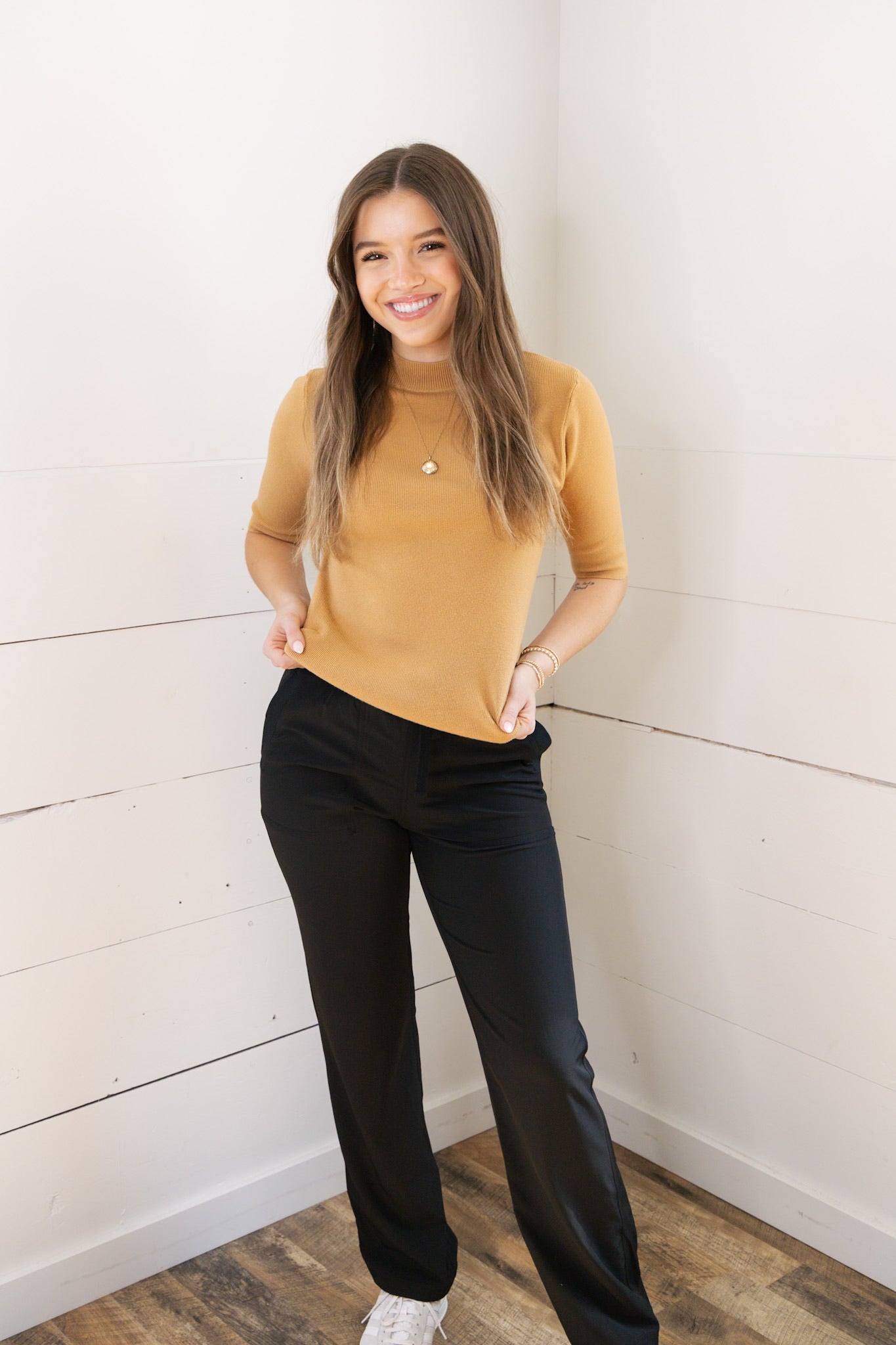 Camelia Fitted Sweater Top- Camel