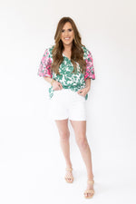 Bella Embroidered Floral Print Top- Green
