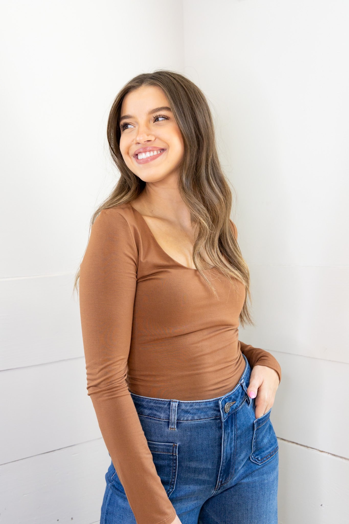 Double Lined Long Sleeve Crop Top - Caramel