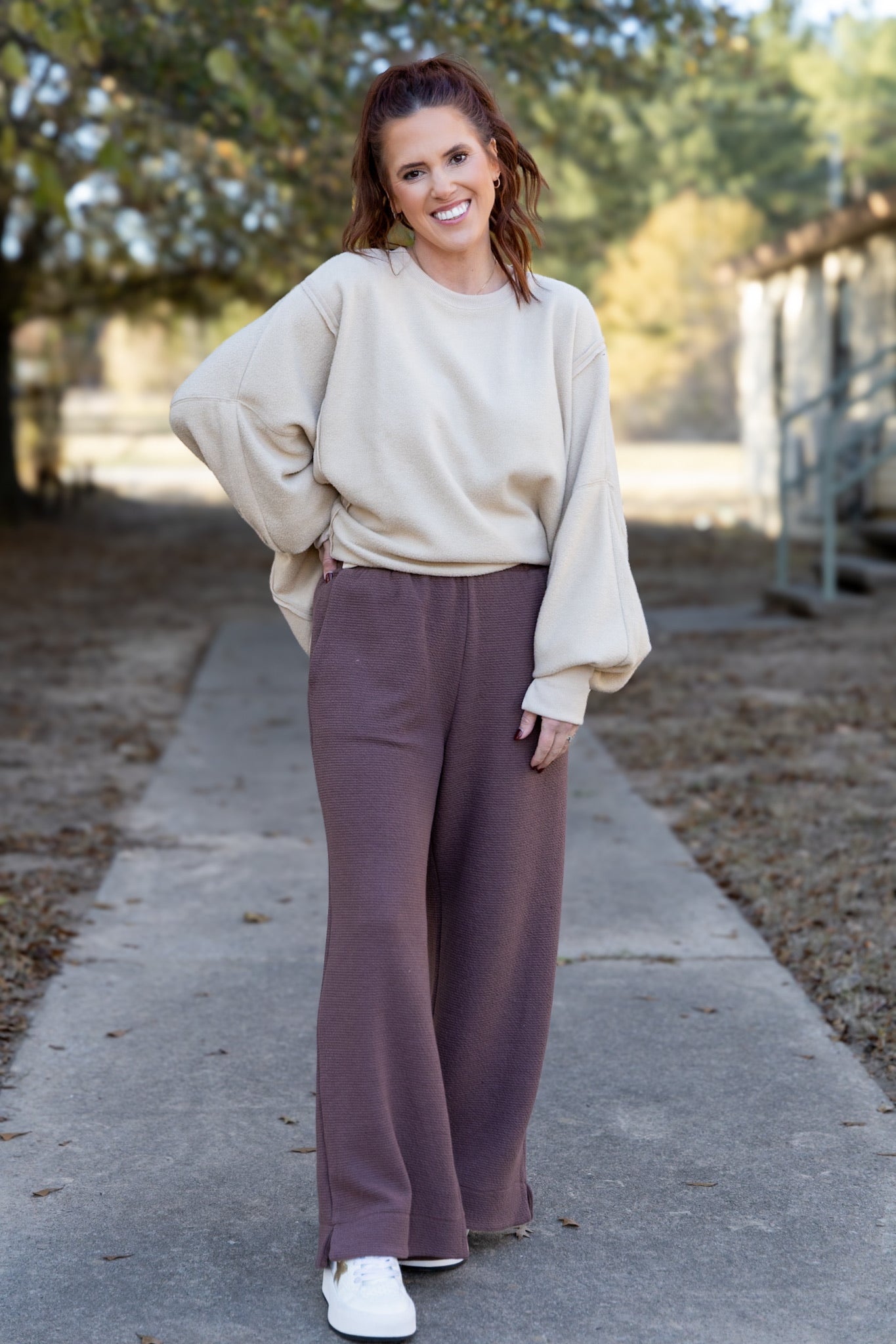 Tru Textured Knit Wide Leg Pants- Brown