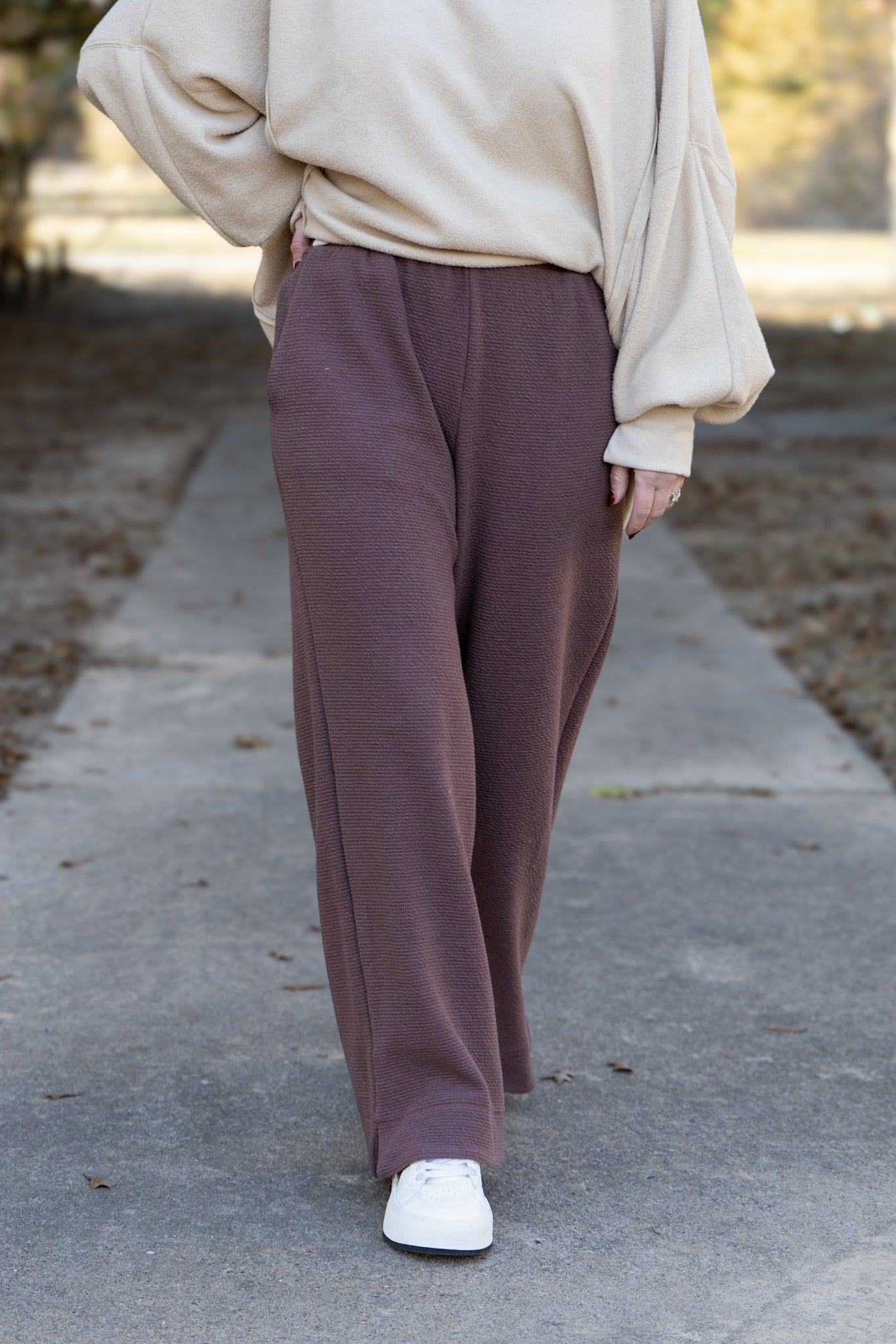 Tru Textured Knit Wide Leg Pants- Brown