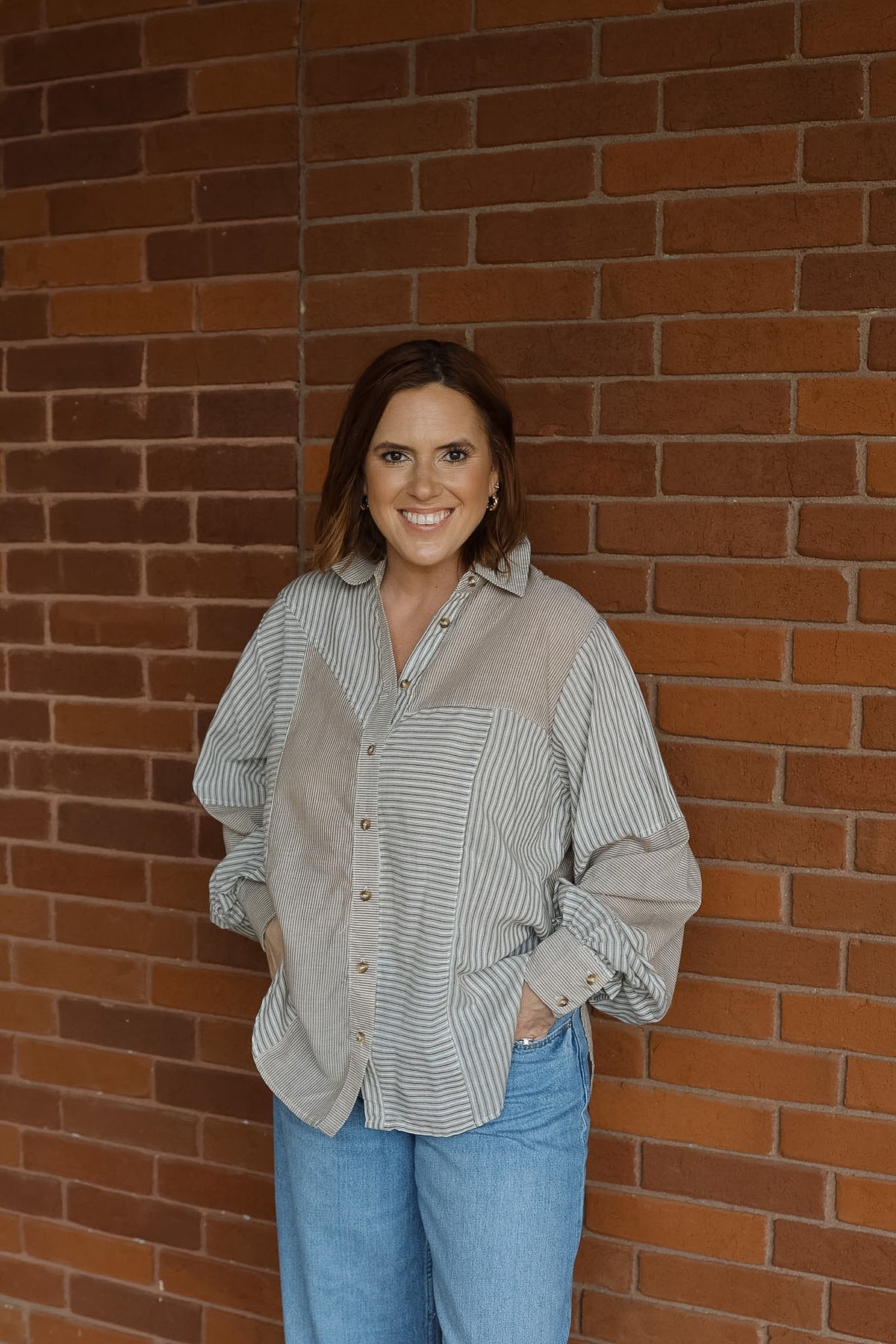Mixed Stripes Button Front Top - Brown