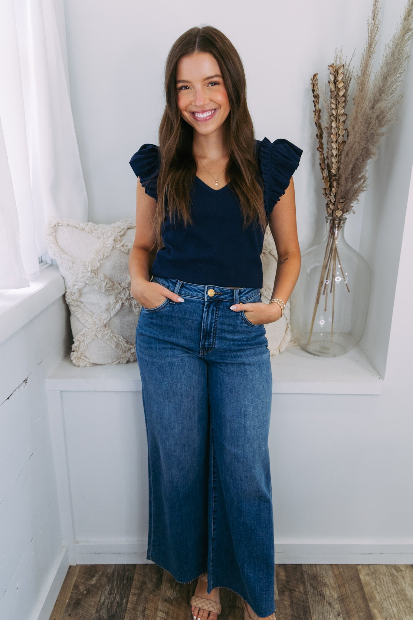 Navy Ribbed Ruffle Sleeve Top