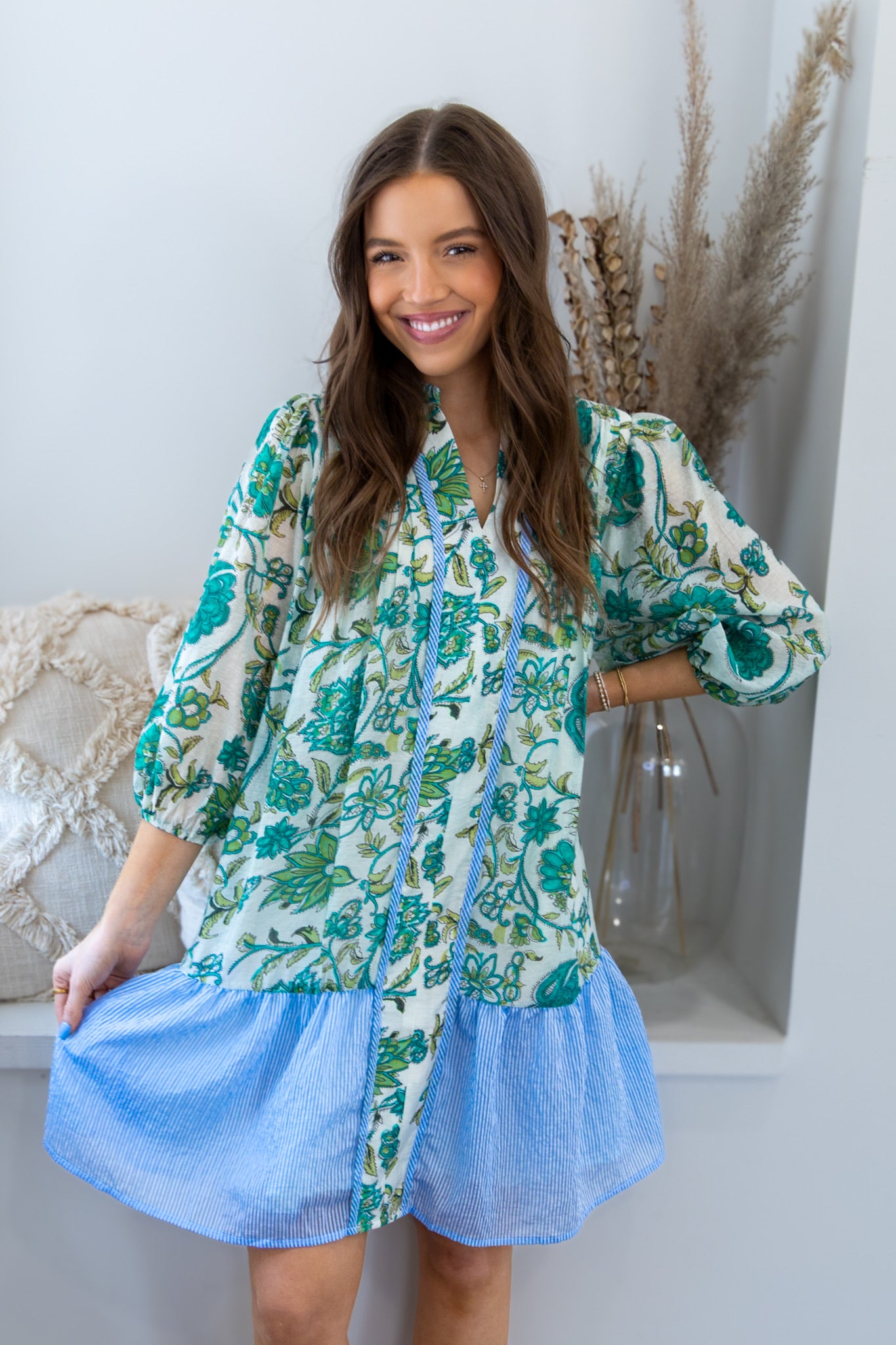 Kona Floral & Stripes Dress - Blue/Green