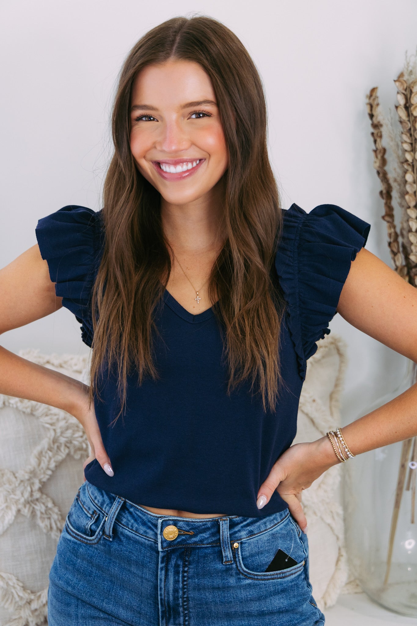 Navy Ribbed Ruffle Sleeve Top