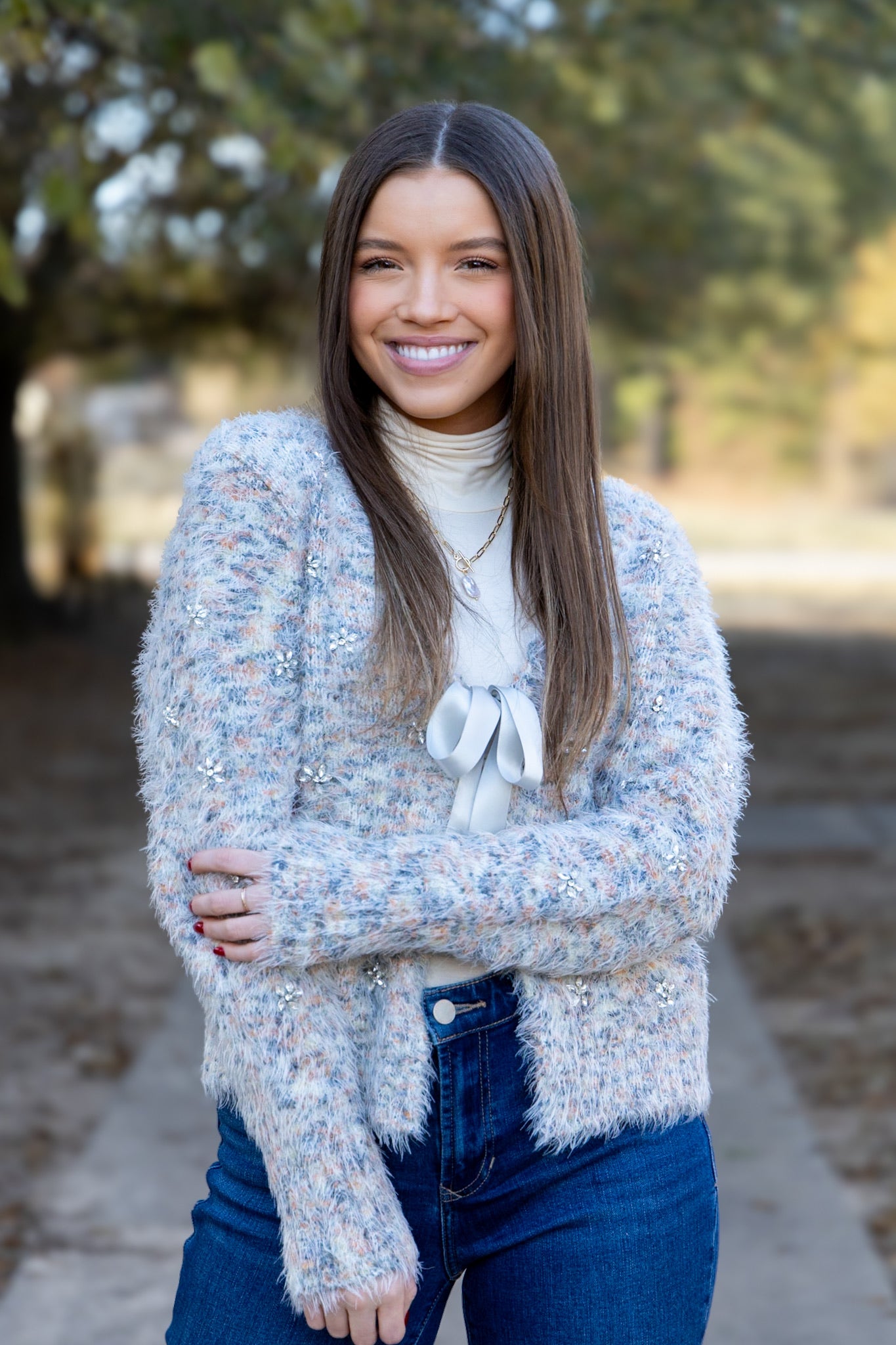 Serafina Tie Front Fuzzy Cardigan - Snowy Meadow