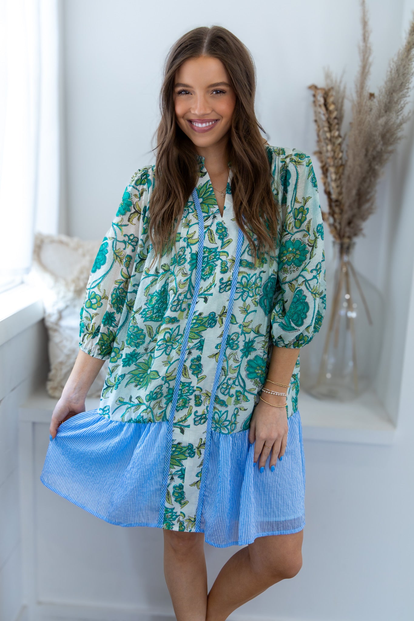 Kona Floral & Stripes Dress - Blue/Green
