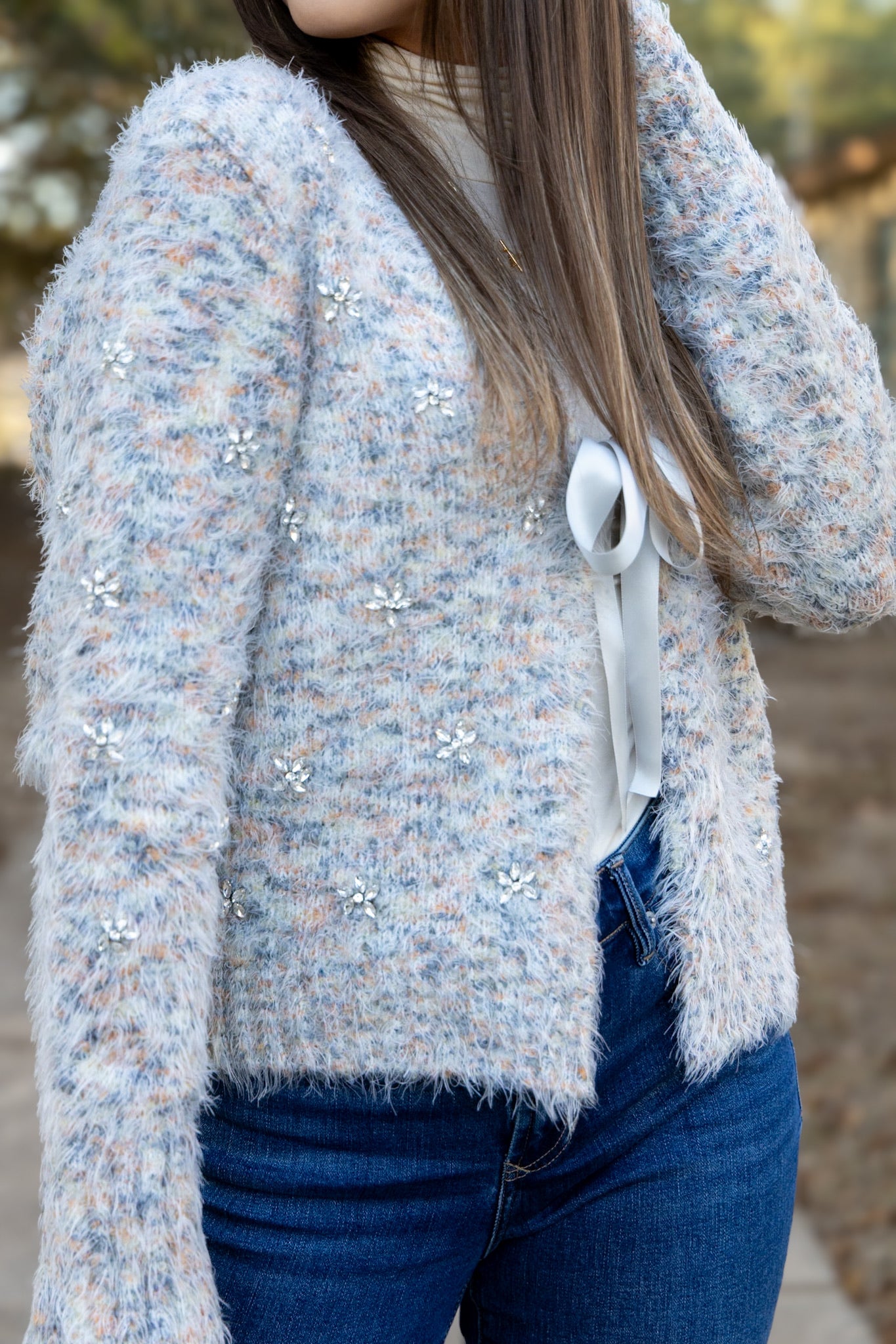 Serafina Tie Front Fuzzy Cardigan - Snowy Meadow