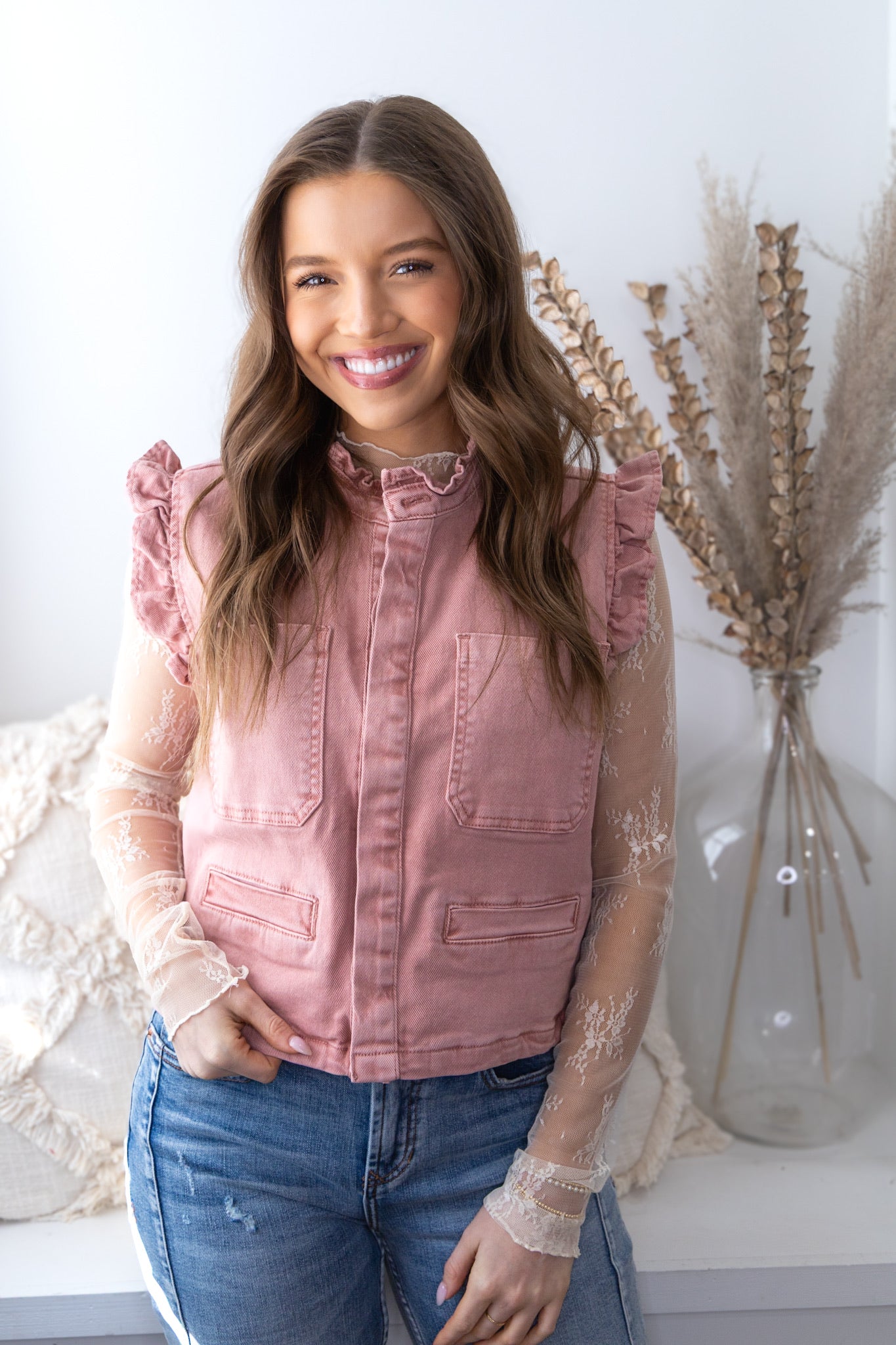 Lux Ruffle Denim Vest - Mauve