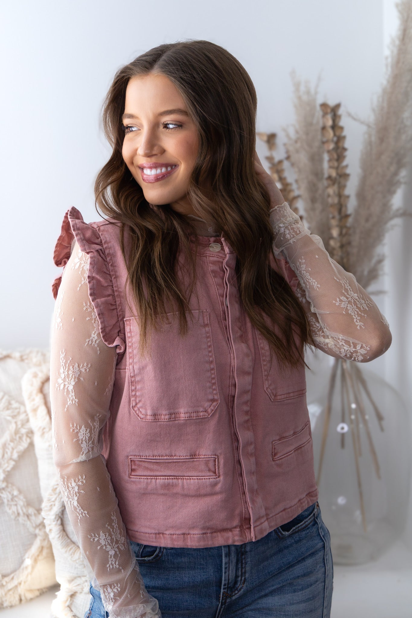 Lux Ruffle Denim Vest - Mauve