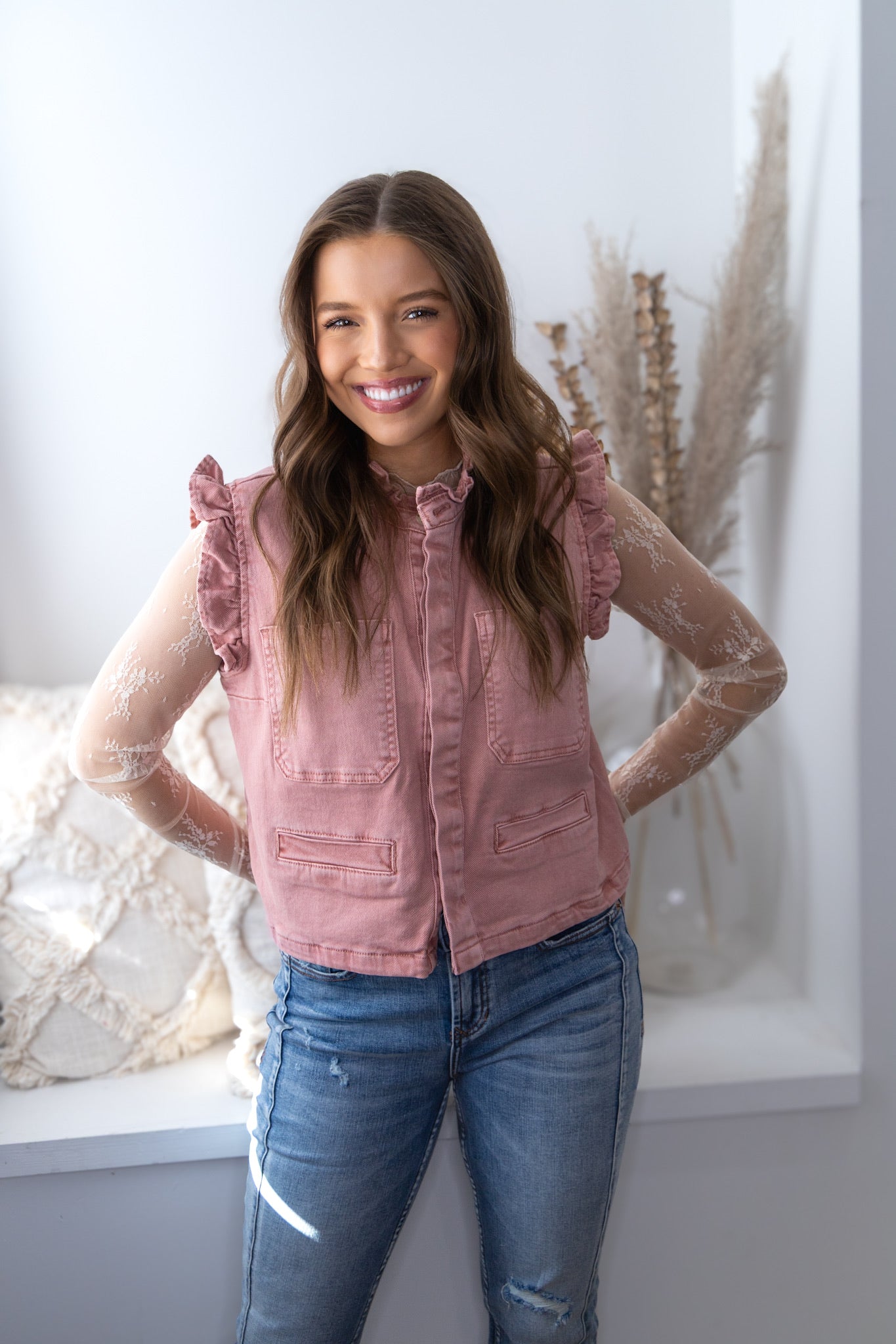 Lux Ruffle Denim Vest - Mauve