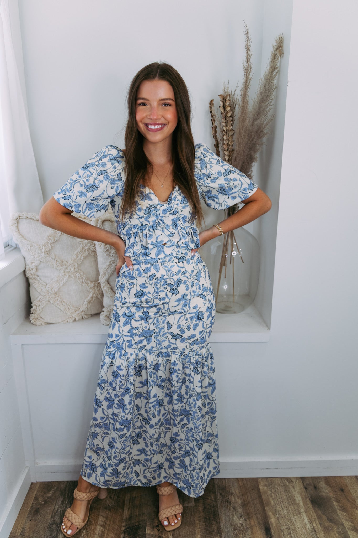 Blue Floral Tiered Maxi Skirt