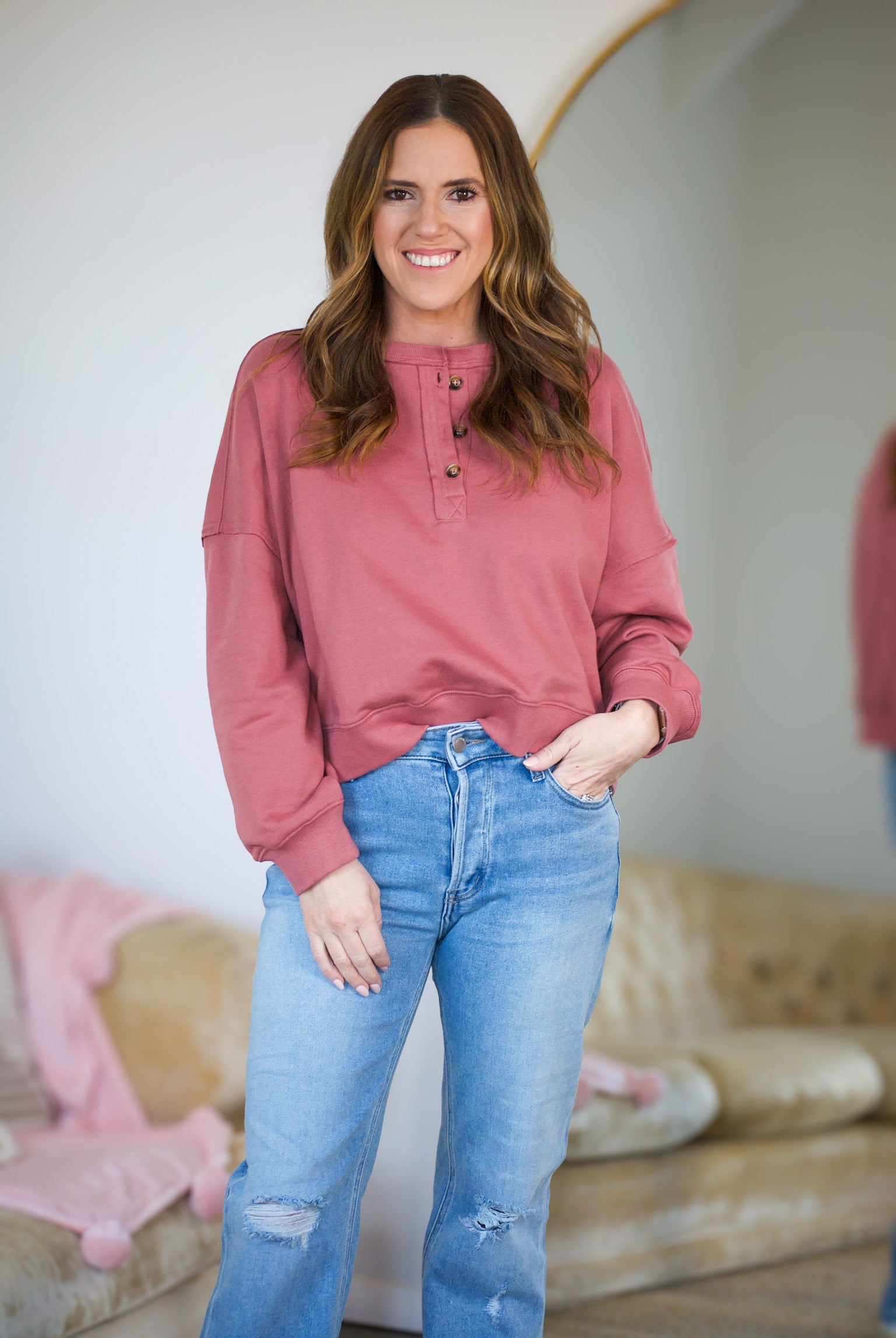 Henley Dolman Sleeve Pullover - Deep Rose