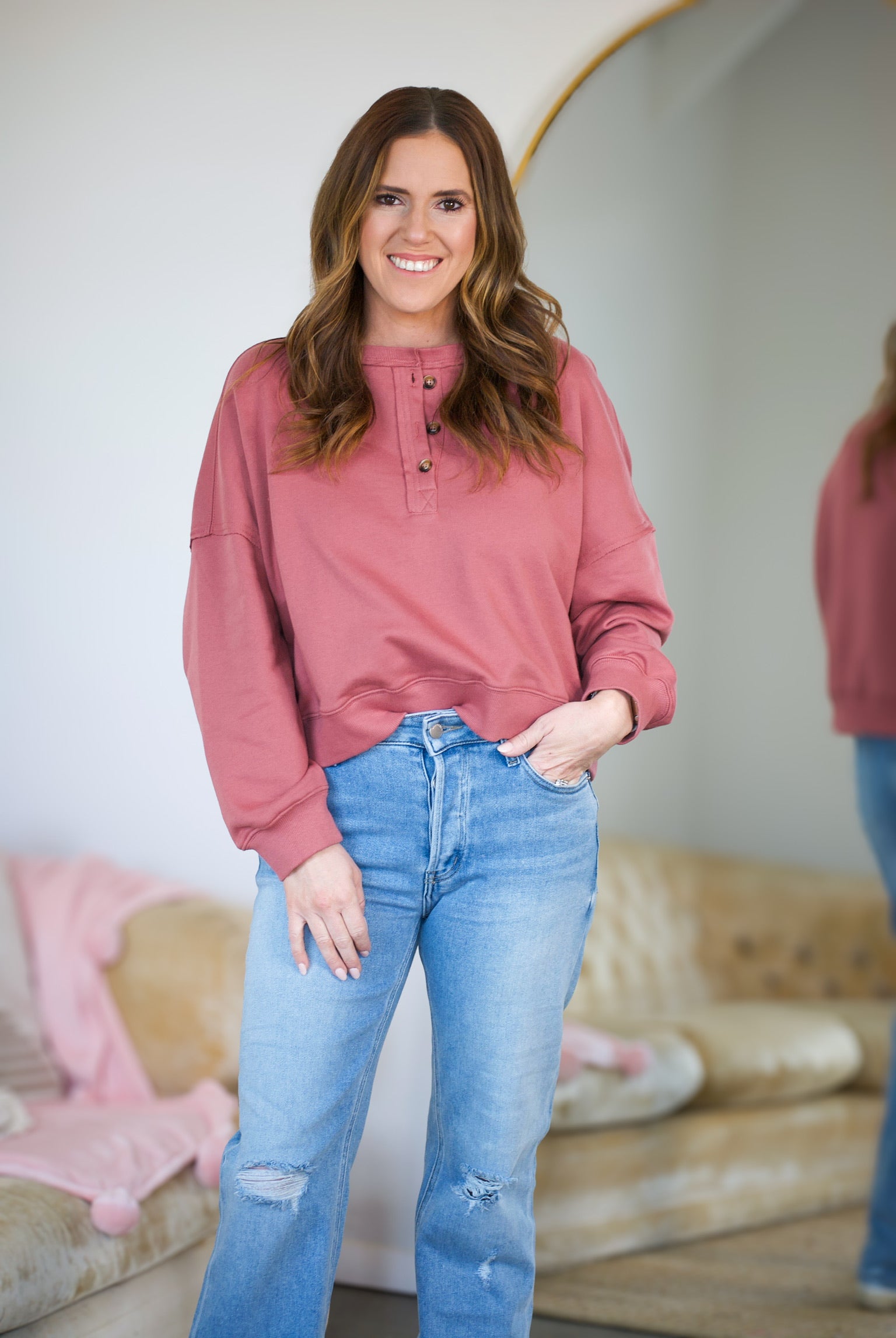 Henley Dolman Sleeve Pullover - Deep Rose