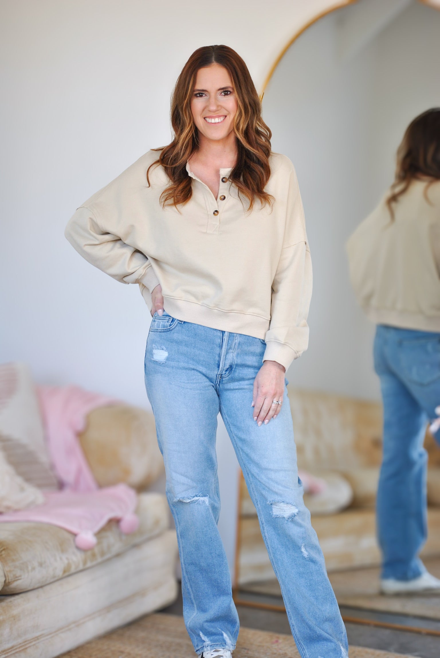 Henley Dolman Sleeve Pullover - Natural